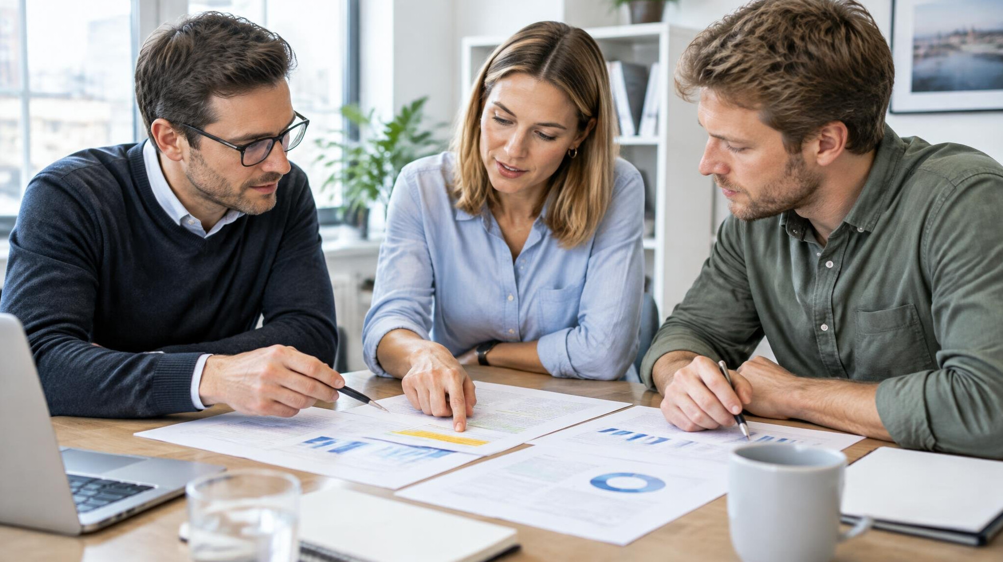 Team of journalists reviewing printed reports together at a table