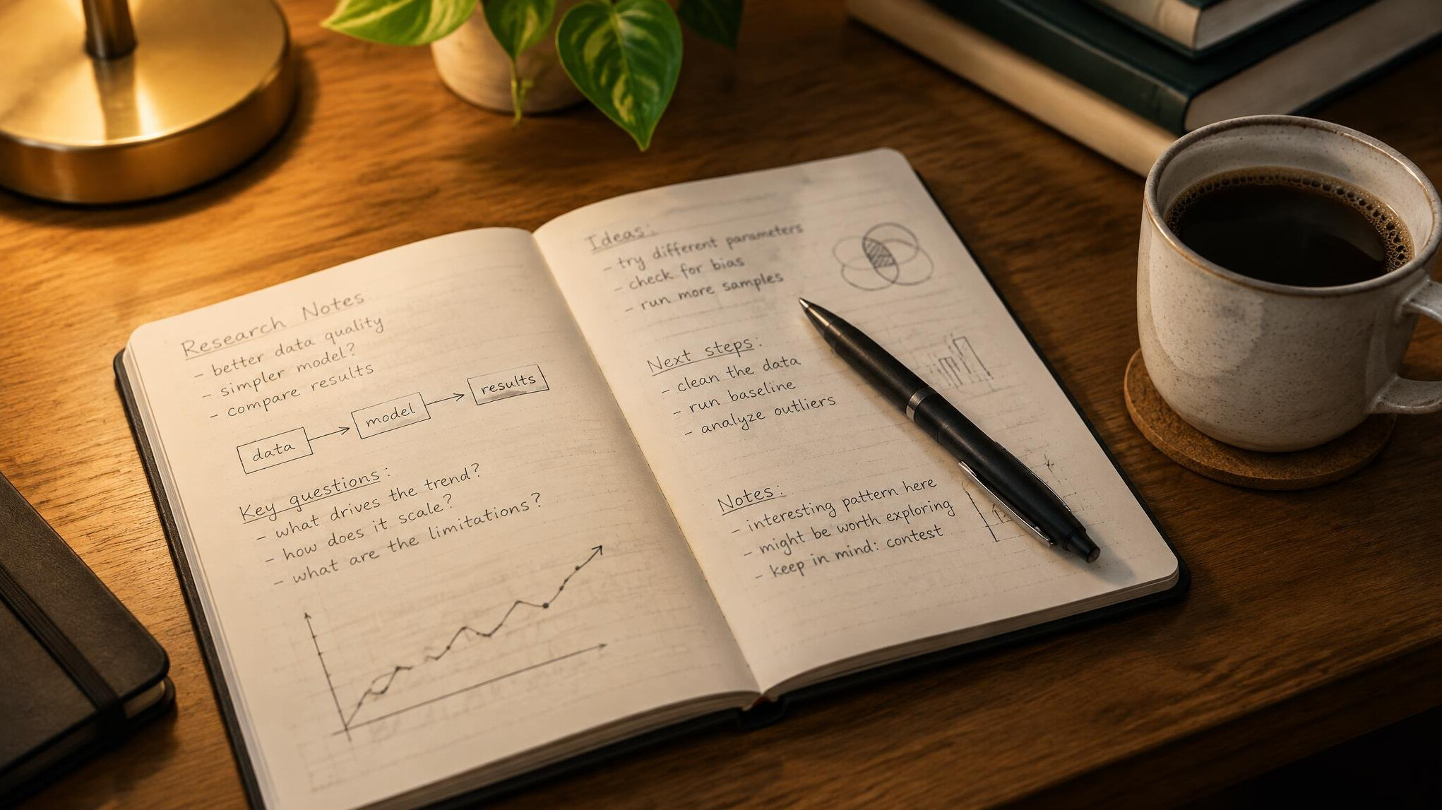 Open notebook with handwritten research notes and a pen