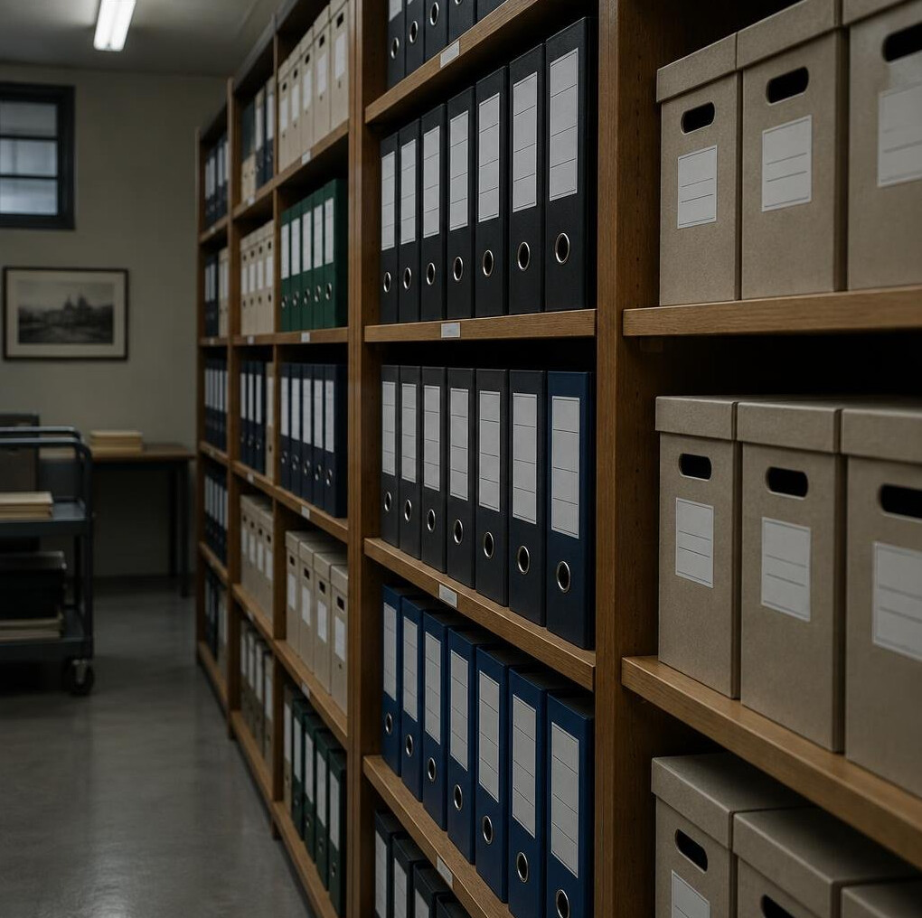 Rows of archive folders and binders on shelves