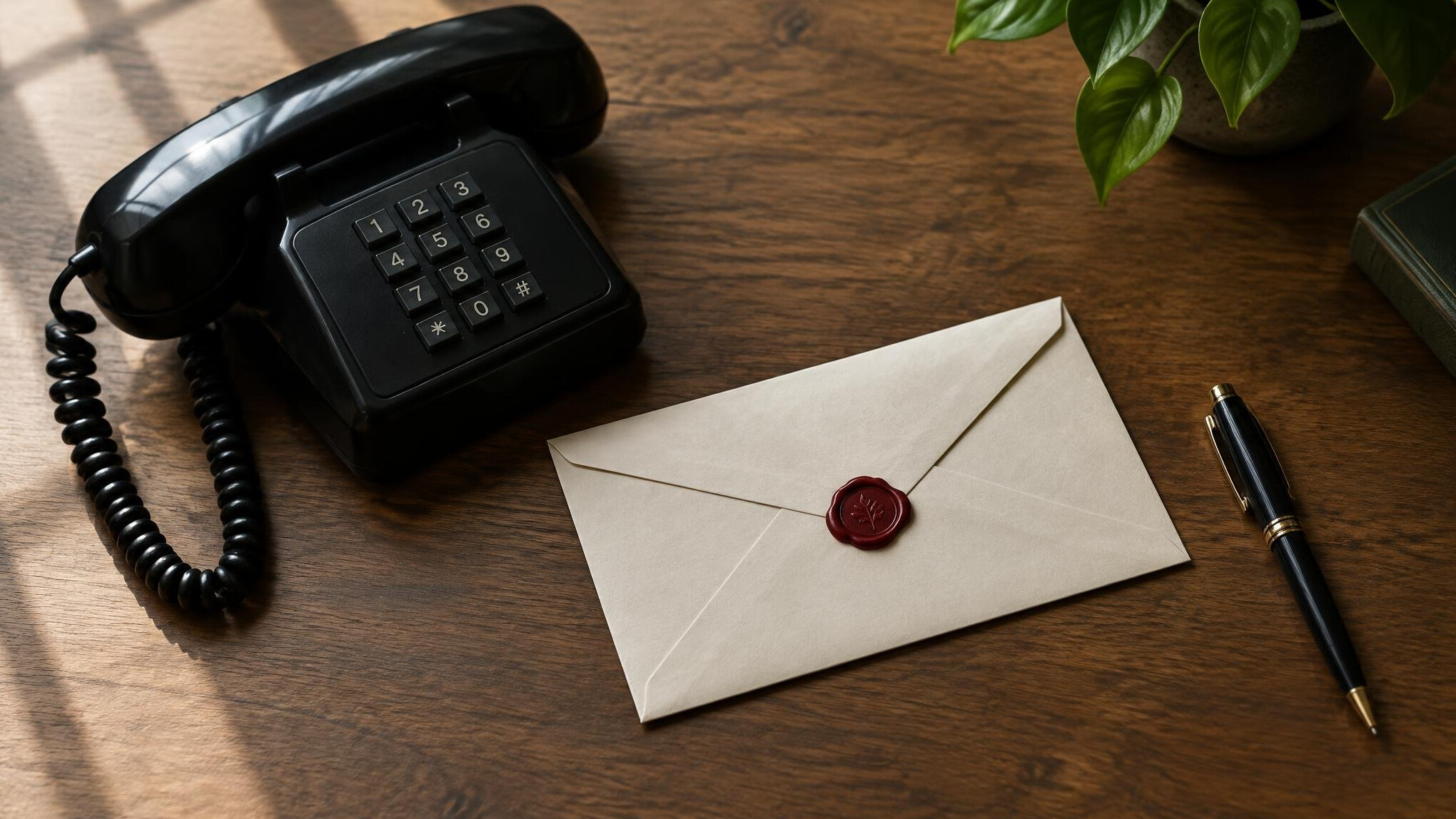 Rotary telephone and envelope on a desk symbolizing secure contact
