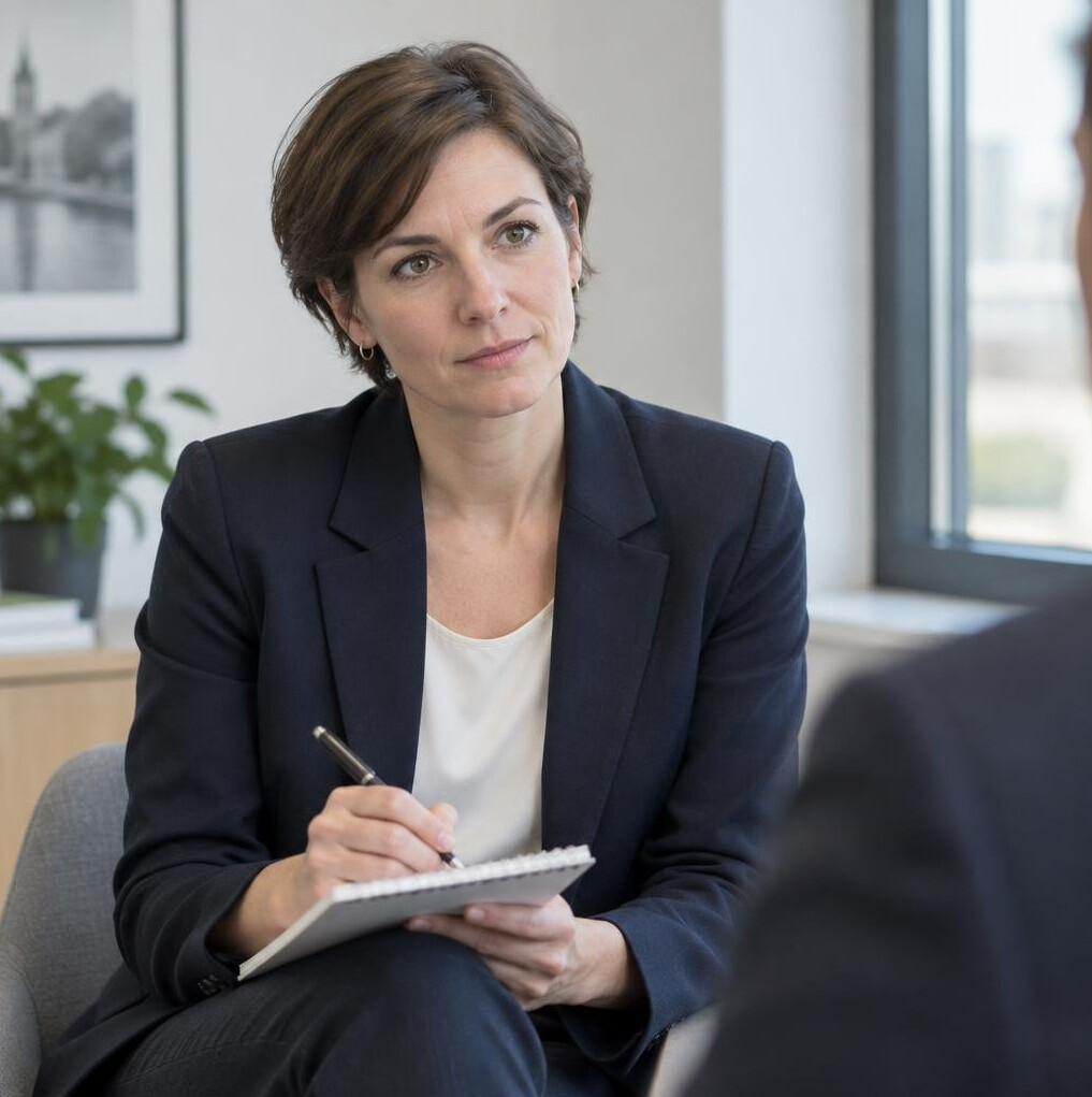 Swiss female journalist taking notes during an interview
