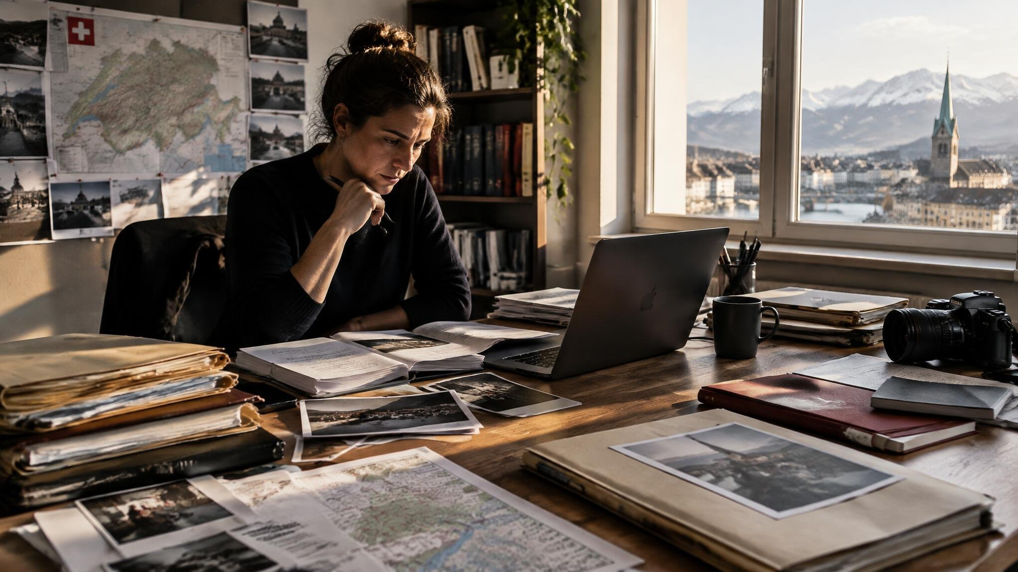 Journalist working at a desk covered with documents and a laptop