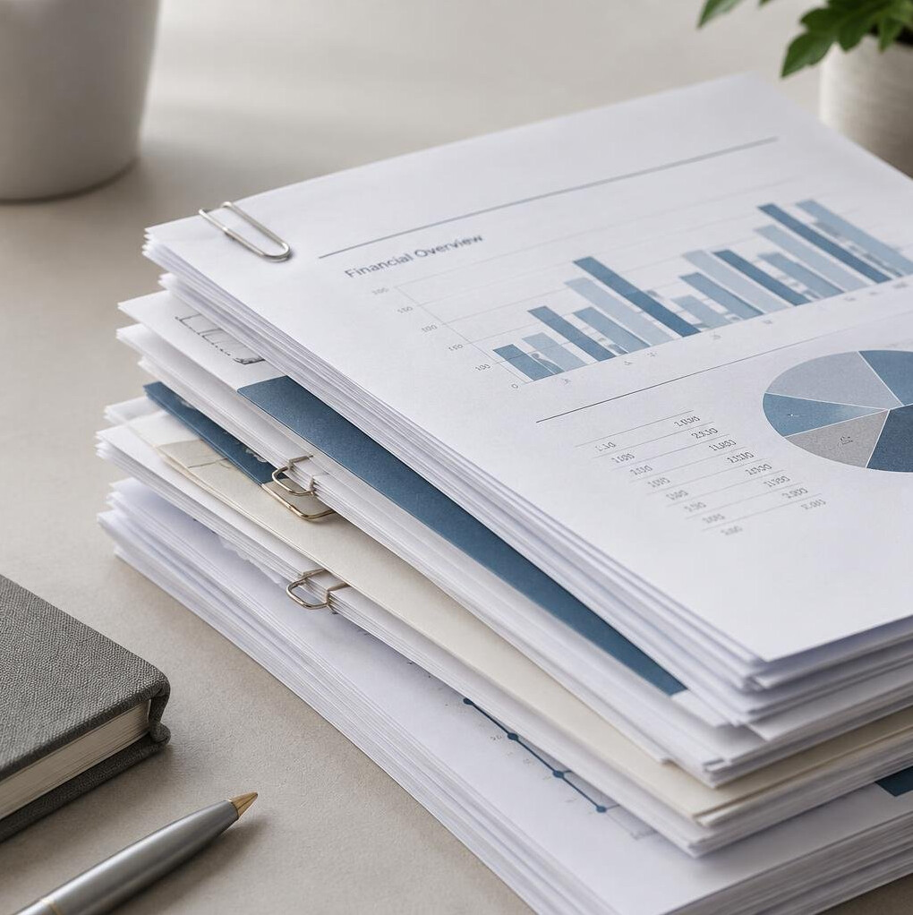 Stack of printed documents and financial reports on a desk