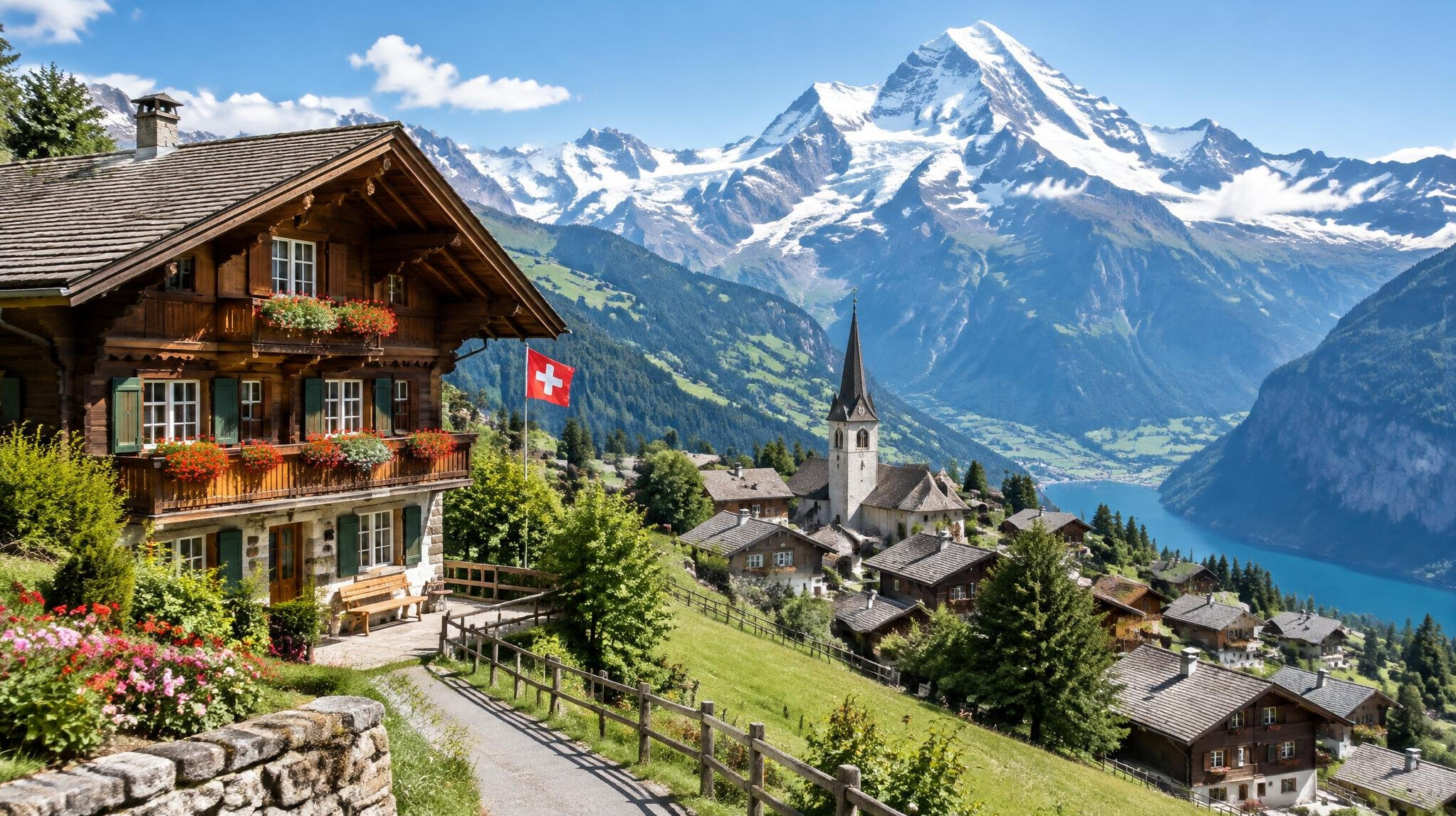 swiss mountain landscape with chalet