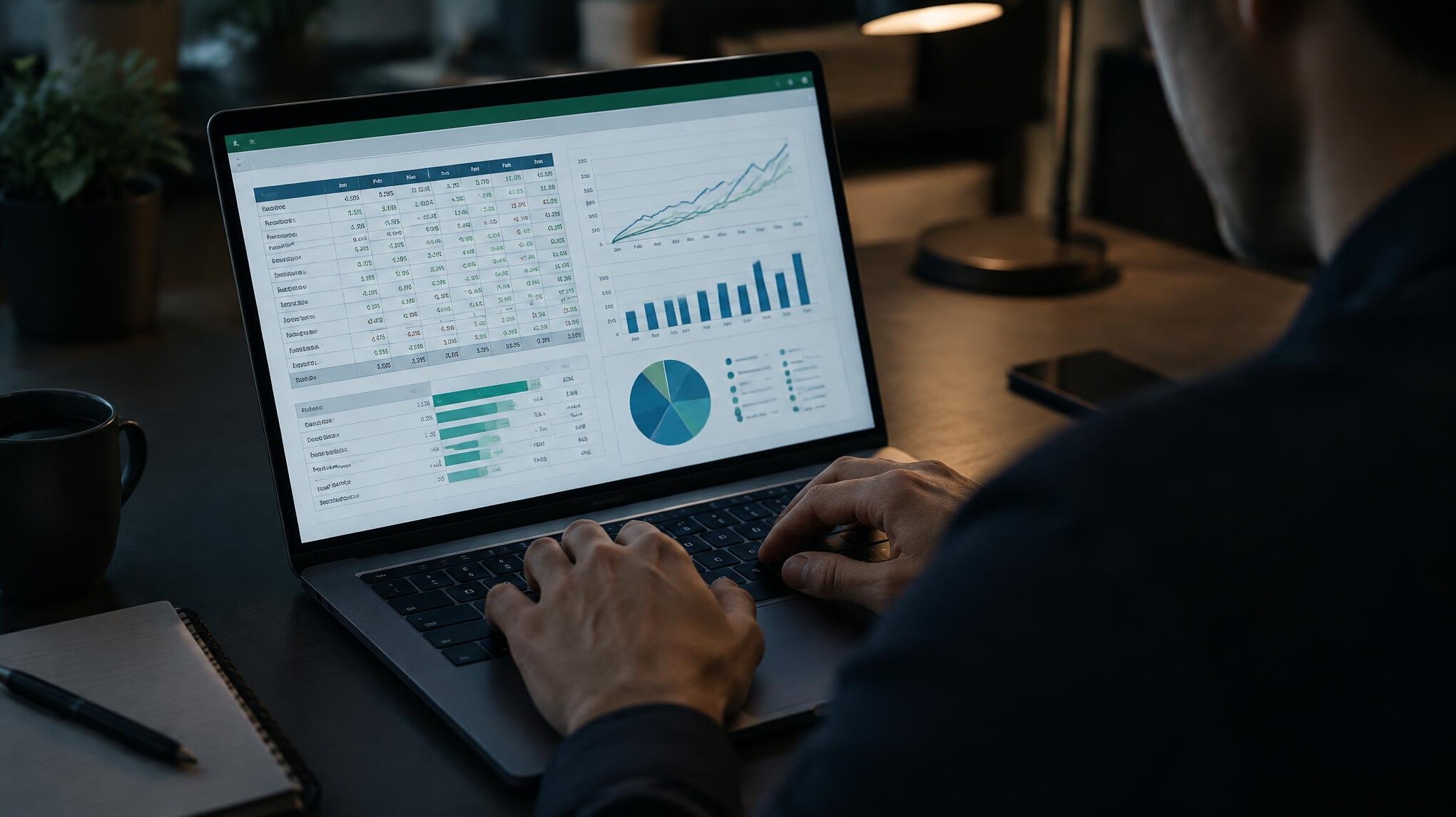 Person analyzing data and charts on a laptop screen